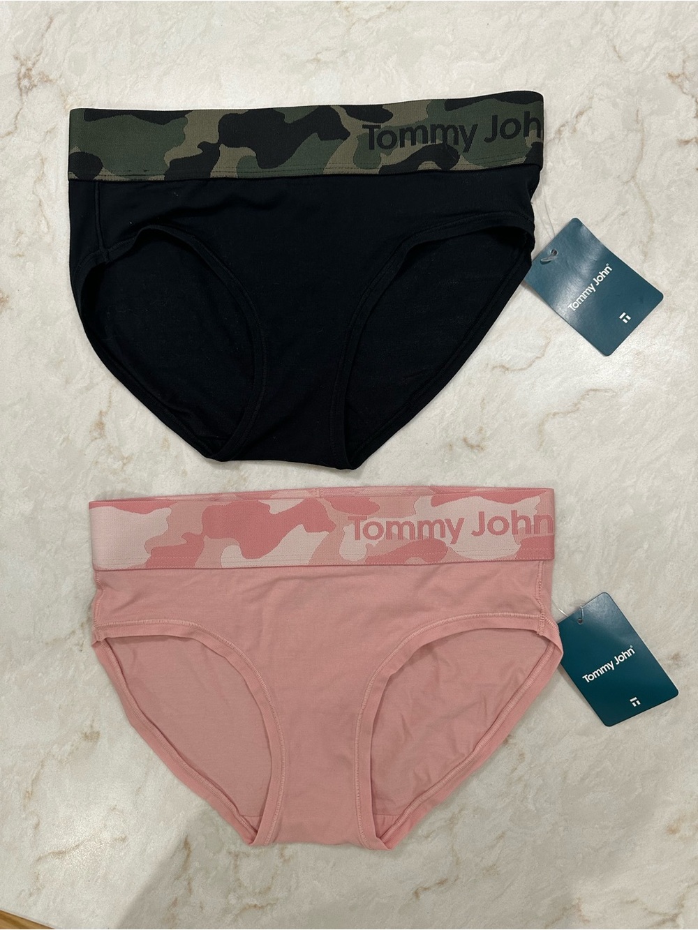 2 NWT’s XS Tommy John Camouflage Waistband Bikini Briefs - Black & Blush Pink